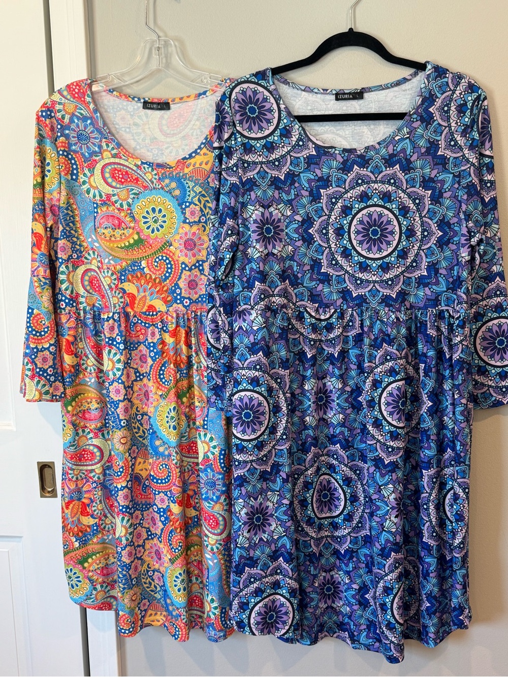 Lot of 2 IZURIA Floral Babydoll Dress Womens L Multicolor Bell Sleeve Retro Boho